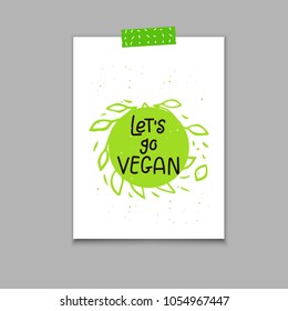 Vector poster, eco badge or tag, bio green logo. Vegan sign for cafe, restaurants, products packaging. Hand drawn leaves, branches, plant elements with lettering. Organic design template.