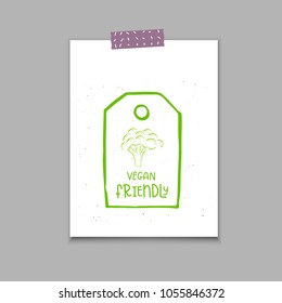 Vector poster, eco badge or tag, bio green logo. Vegan sign for cafe, restaurants, products packaging. Hand drawn leaves, branches, plant elements with lettering. Organic design template.