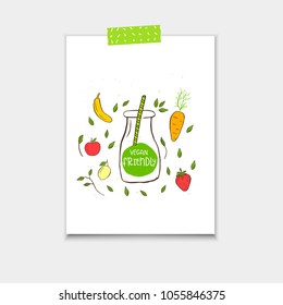 Vector poster, eco badge or tag, bio green logo. Vegan sign for cafe, restaurants, products packaging. Hand drawn leaves, branches, plant elements with lettering. Organic design template.