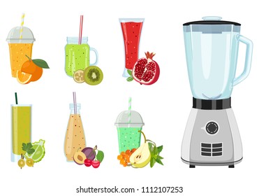 Vector poster with an electric blender, juices in glasses and jars fruits and berries on white background. Smoothies, mashed. Variety of good drinks.