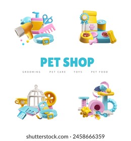 Vector poster with elements of a 3D pet store and grooming, everything for pet care: cat toilet, dog leash, bird cage, hamster treadmill and food and toys