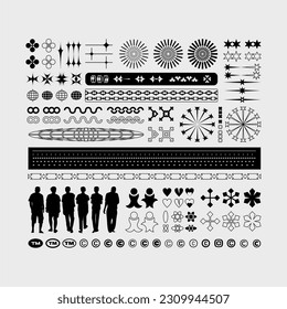 Vector poster elements, geometry assets, modern shapes collection, stricker elements, brutalism, 80s, 90s, flash art, y2k style, grunge, vintage, retrofuturistic, anti-design, minimalism, tattoo art