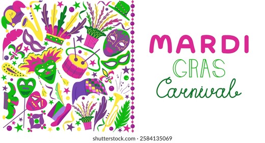 Vector poster with elements for Mardi Gras carnival with text. Party invitation with masks, feathers and musical instruments. Colorful and rainbow background for the holiday