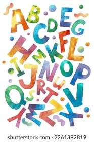  Vektorplakat des englischen Alphabets in hellen Regenbogenfarben: rot, orange, hellblau, mariniert, grün, violett. Maltes Aquarellalphabet. Briefe Clipart-Kunstelemente für Design.