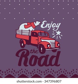 Vector poster "Enjoy the road". Vintage truck with bear and star