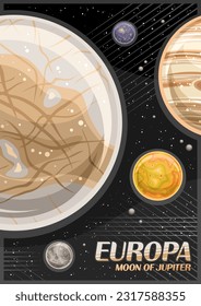 Vector Poster for Europa, vertical banner with illustration of rotating moon europa around cartoon jupiter planet on dark starry background, decorative cosmo leaflet with text europa - moon of jupiter