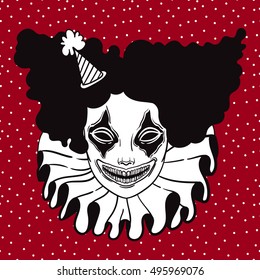 vector poster with an evil clown. linear illustration of Halloween. scary clown maniac of horror