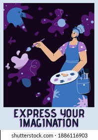 Vector poster of Express Your Imagination concept. Female artist painting abstract spots inside which paintings. Painter draws, revealing inner world. Character illustration of advertising banner