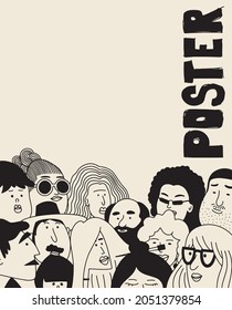 Afiche vectorial con caras. Multitud de personas. Colección de caras. La gente se enfrenta al collage vectorial. Esbozar personas. Vátaros de cara. Hombres y mujeres. Varios cortes de pelo.