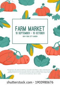 Afiche vectorial del concepto de mercado de las explotaciones agrícolas. La agroindustria, la producción local de alimentos orgánicos, la agricultura y la producción de cultivos. Ilustración del diseño de pancartas de anuncios de eventos con plantas agrícolas, vegetales