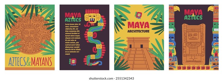 A vector poster featuring vintage tribal idols, a temple inspired by ancient cultures, combining elements of Maya, Tai and Voodoo, on a yellow and black background