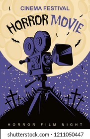 Vector poster for a festival of horror movie with an old film projector on a cemetery on a moonlit night. Scary cinema. Can be used for ad, banner, flyer, web design