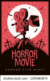 Vector poster for a festival of horror movie with an old film projector on a cemetery on a moonlit night. Scary cinema. Can be used for ad, banner, flyer, web design