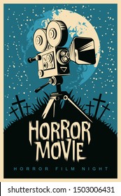 Vector poster for a festival of horror movie with an old film projector on a cemetery on a moonlit night. Scary cinema. Suitable for poster, flyer, billboard, web design, ticket, advertising