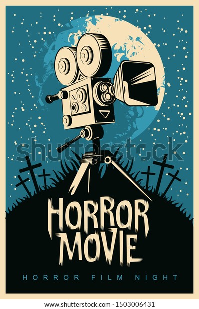 Vector\
poster for a festival of horror movie with an old film projector on\
a cemetery on a moonlit night. Scary cinema. Suitable for poster,\
flyer, billboard, web design, ticket,\
advertising
