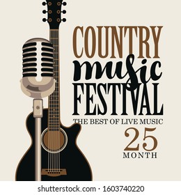 Vector poster for festival of live country music with electric guitar and microphone on a light background in retro style