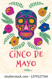 Vector poster with festive skull. Cinco de mayo design template.