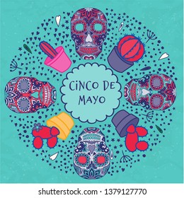 Vector poster with festive skull. Cinco de mayo design template.