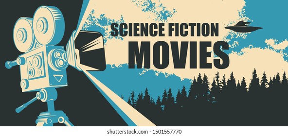 Vector poster for fiction movie festival with old-fashioned movie camera and flying saucer on the backdrop of the earth landscape. Suitable for poster, flyer, billboard, web page, ticket, advertising