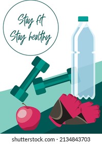 Vector poster with fitness related composition of water bottle, dumbbells, fitness gloves and an apple