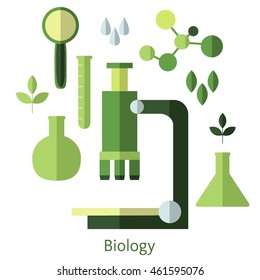 Vector poster with flat biology icons. Bioengineering. Biomedicine.