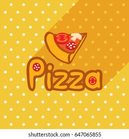 Vector poster in flat style with slice of pizza on the background of the tablecloth with polka dots. Template for flyers, banners, invitations, brochures and covers