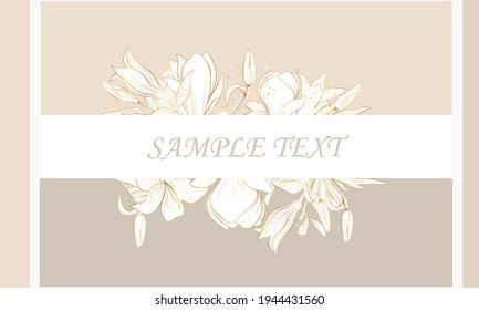 Vector poster with flowers in line art style with place for text.  Golden plants.