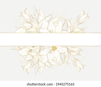 Vector poster with flowers in line art style with place for text. Golden plants.