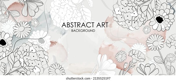 Vector poster with flowers in line art style on a watercolor background. Abstract background.	