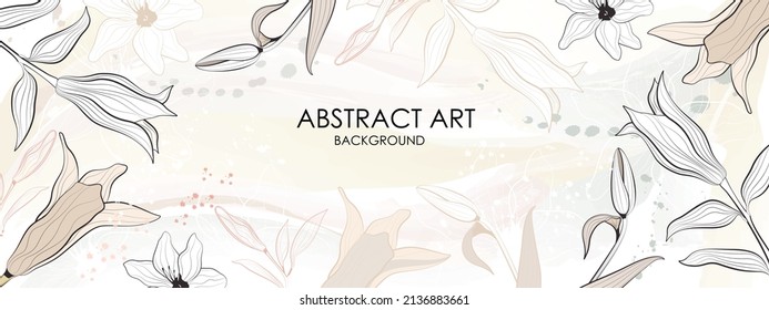 Vector poster with flowers in line art style on a watercolor background. Abstract background.