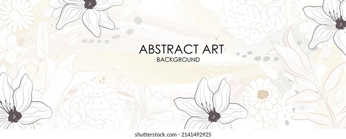 Vector poster with flowers in line art style on a watercolor background. Abstract background.