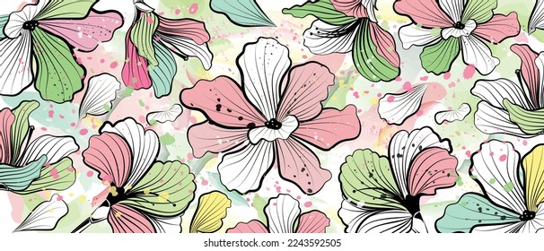 Vector poster with flowers on a watercolor background. Abstract background