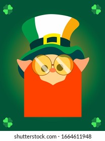 Vector poster, flyer, card or invitation to pub party or concert. High quality template design of St. Patricks Day 17 march. With room for text. Lucky clover, flag, leprechaun red beard on green. 