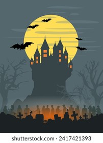 Vector Poster, Flyer, Poster - Halloween Party - Silhouette of people - Creepy castle with moon