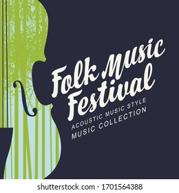 Vector poster for a folk music festival with calligraphic inscription, decorated by violin with silhouettes of trees on the black background. Music collection