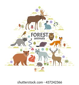 Vector poster with forest animals and plants arranged in a silhouette of a fir tree, isolated on transparent background.