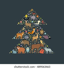 Vector poster with forest animals and plants arranged in silhouette of a fir tree, isolated on dark background.