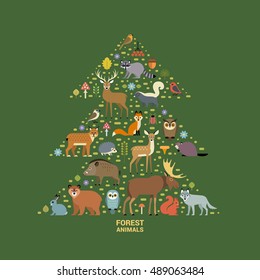 Vector poster with forest animals and plants arranged in silhouette of a fir tree, isolated on green background.