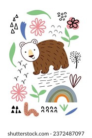 Vector poster with forest bear. Woodland decoration on a white background.