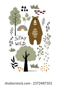 Vector poster with forest bear. Woodland decoration on a white background.