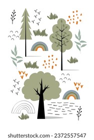 Vector poster with forest trees. Woodland decoration on a white background.