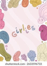 Vector poster frame on a light pink background, featuring illustrations of abstract female faces in blobs. Girly pastel tones