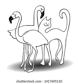 Vector poster with funny cat and flamingo