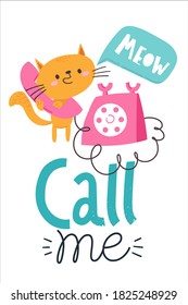 Afiche vectorial con gato dibujado a mano que habla en el teléfono retro y me llama citas. Dibujos románticos y letras a la moda. Tarjeta de ilustración de estilo plano 