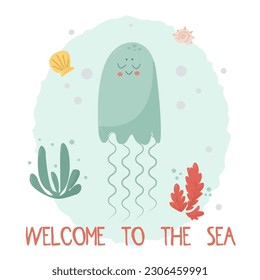 vector poster with funny jelly in the sea with shells