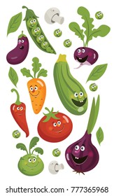 Vector poster with funny vegetables: onion, carrot, mushroom, pepper, zucchini, tomato, radish, eggplant, peas kohlrabi with smiley face.