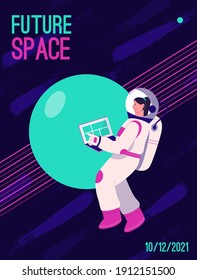 Vector poster of Future Space concept. Female astronaut work on laptop, flying at zero gravity at abstract cosmic background. Futuristic technology. Character illustration of advertising banner