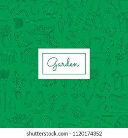 Vector poster gardening doodle icons green background with place for text illustration