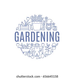 Vector poster with gardening, planting symbols in trendy linear style. Garden equipment poster, editable strokes
