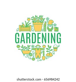 Vector poster with gardening, planting symbols in trendy linear style. Garden equipment poster, editable strokes, made in a shape of circle